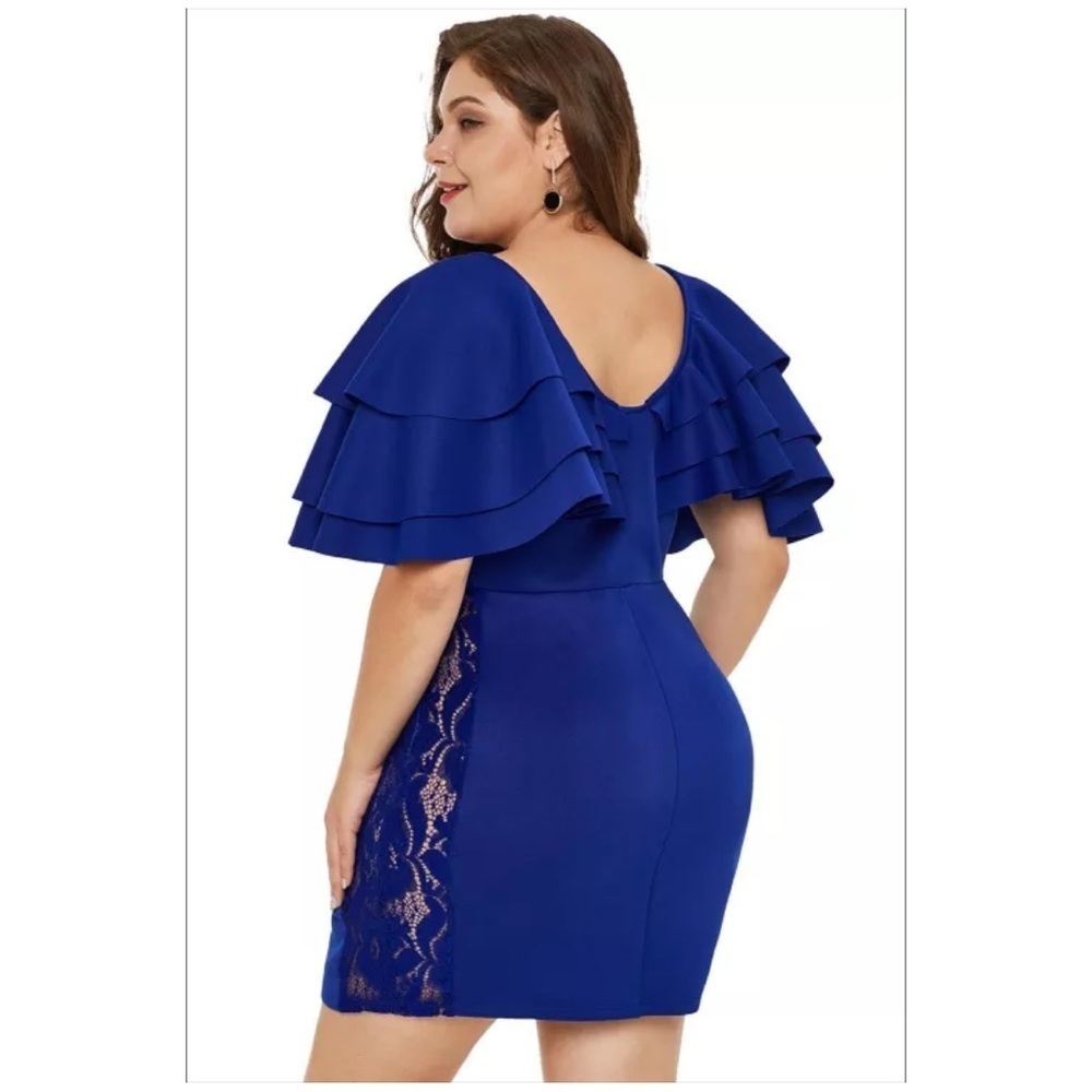 Buxom Curvy Blue 3XL Layered Shoulders Lace Insert Plus Size Mini Dress